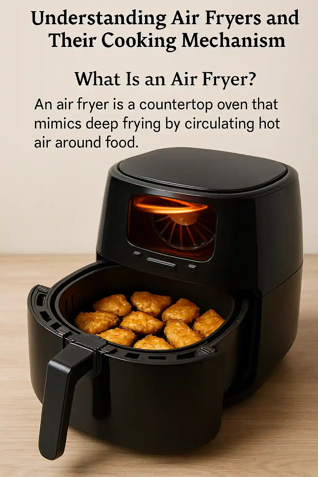 Realistic image of a modern air fryer with perforated basket cooking crispy food using convection heat, showing heating element and fan mechanism.