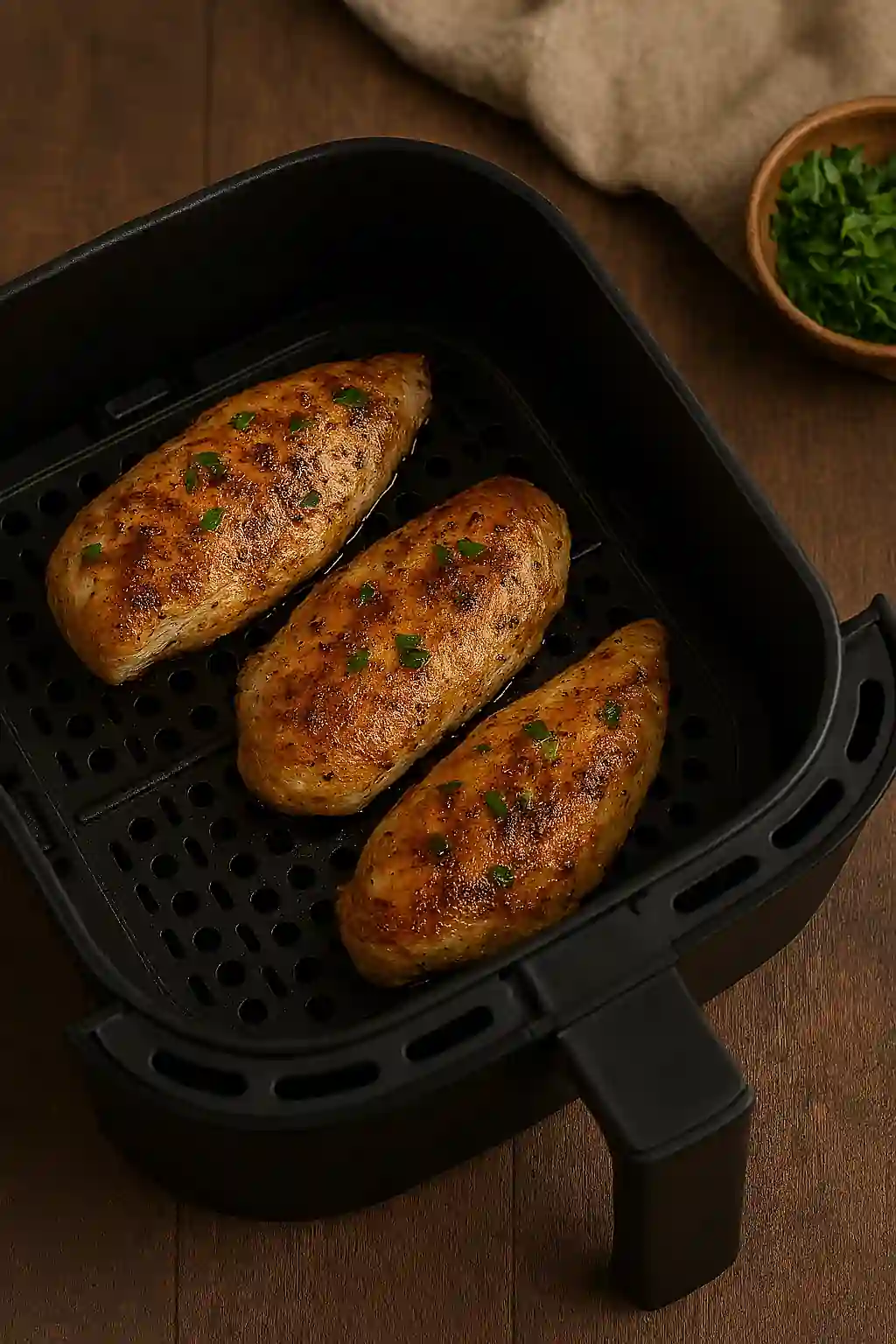 Juicy golden chicken breast served with herbs and vegetables, with an air fryer in the background.