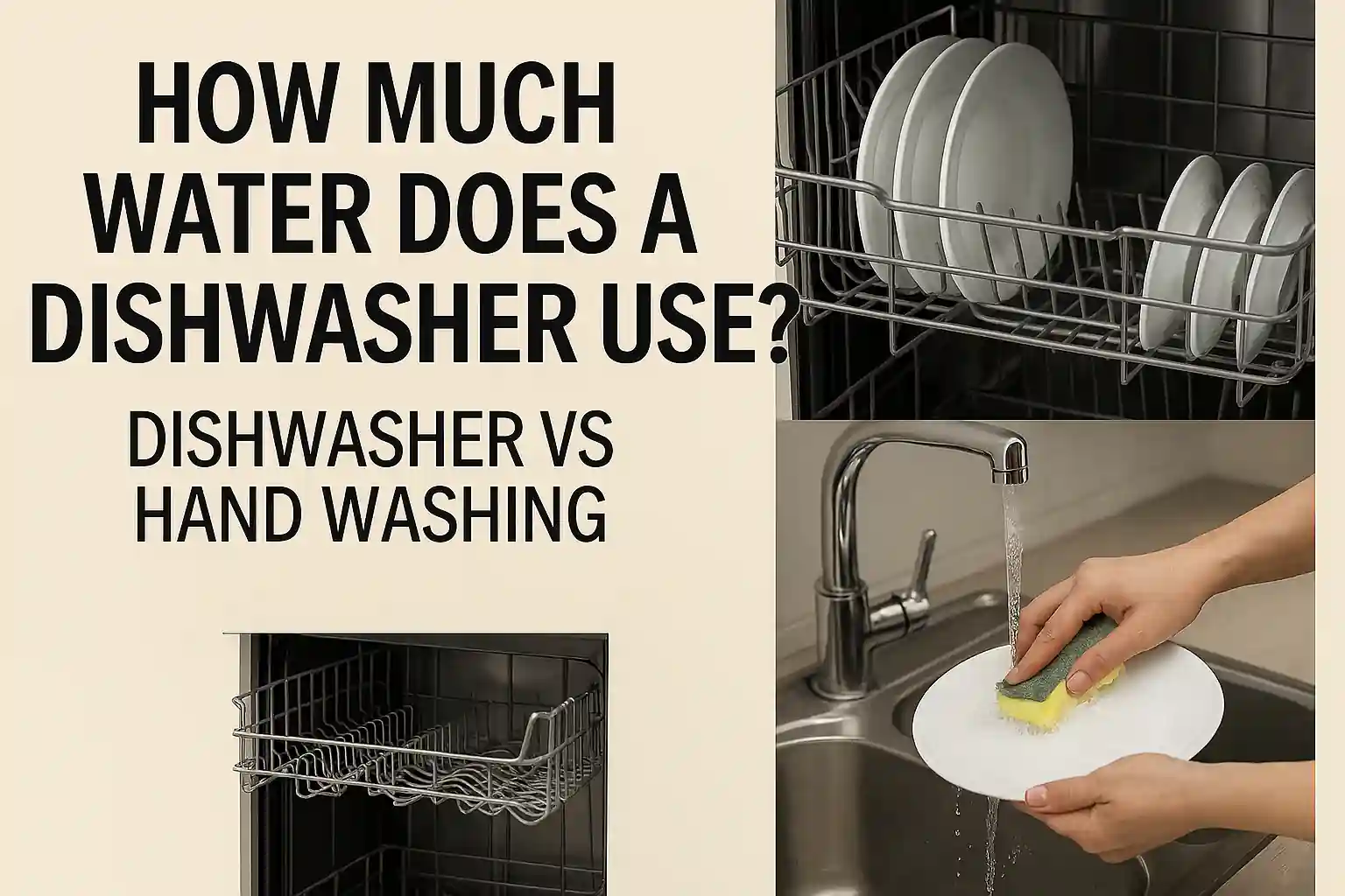 Split image showing dishwasher interior with plates and hands washing dishes under running water, comparing water usage