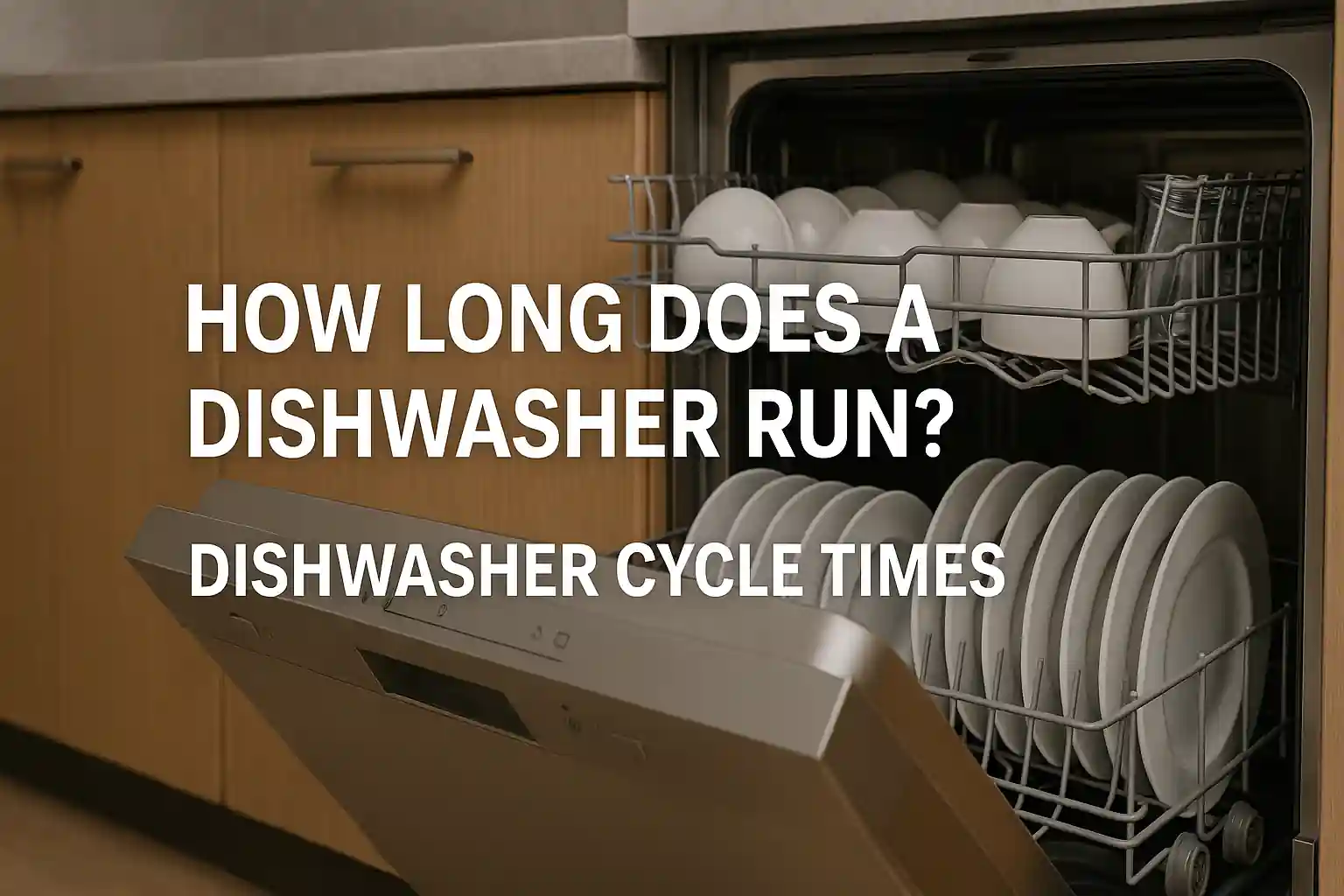 Modern stainless steel dishwasher with open door showing clean dishes, overlaid with bold text: “How Long Does a Dishwasher Run? Dishwasher Cycle Times”