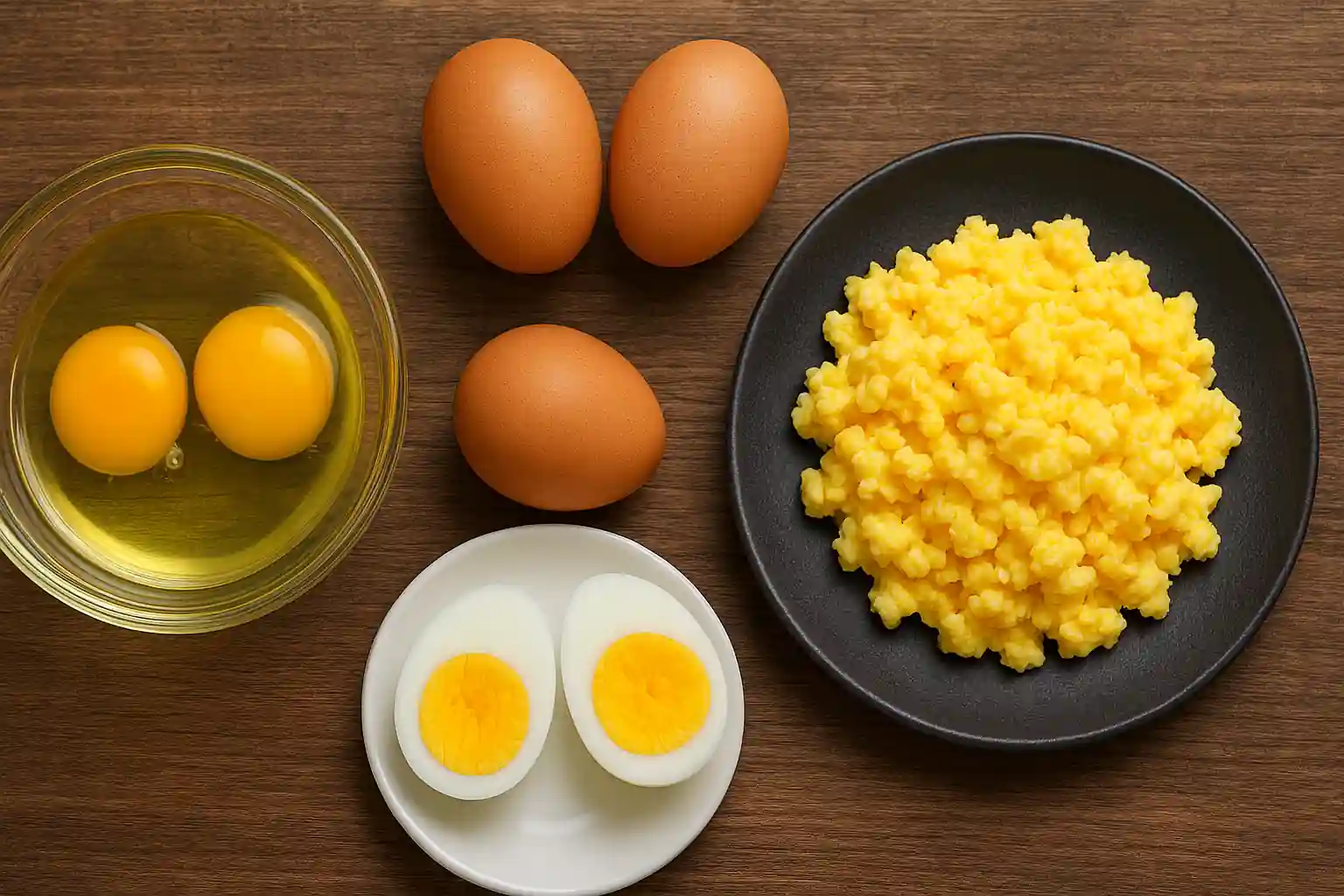 Raw eggs in a glass bowl, scrambled eggs on a dark plate, and hard-boiled egg halves on a white dish arranged on a rustic wooden surface