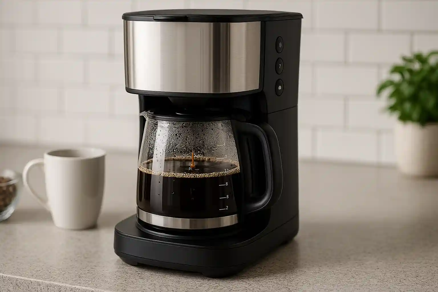 Modern drip coffee maker brewing fresh coffee on a minimalist kitchen counter, ideal for coffee lovers in 2025